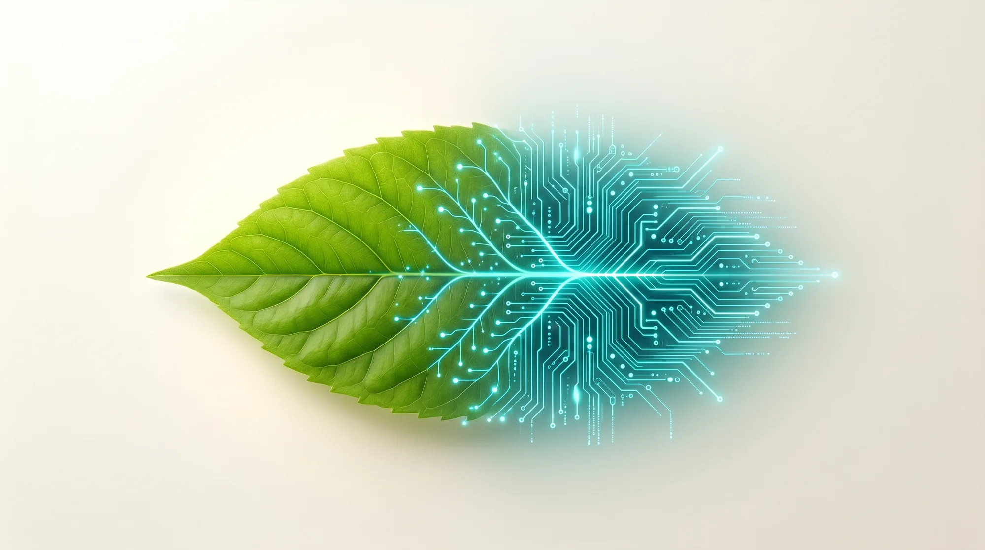 A leaf whose veins flow into glowing circuit traces — the twin green-digital transition